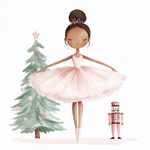 Elegancia invernal: bailarina serena junto al cascanueces del árbol de Navidad / Uso comercial / Descarga instantánea