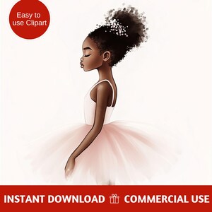Clipart ballerine élégante pour sublimation - gracieuse jeune danseuse avec tutu afro et rose dans un style artistique