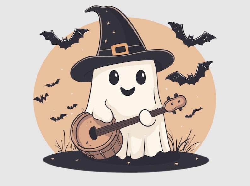 Cute Ghost Playing Banjo With Witch Hat Clipart Whimsical Halloween