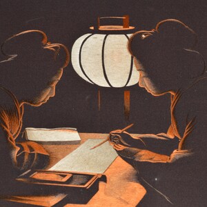 May include: Two women in traditional Japanese clothing sit at a table beneath a paper lantern, writing on a sheet of paper. The scene is depicted in a dark, stylised illustration.