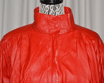 Vintage Red Leather Jacket Coat Woman 1980s