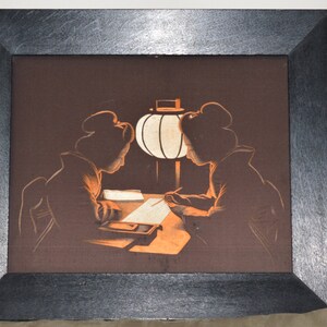 May include: A framed artwork depicting two figures in traditional Japanese clothing, seated at a table with a lit paper lantern. The figures are silhouetted against a dark background, creating a sense of mystery and intimacy.