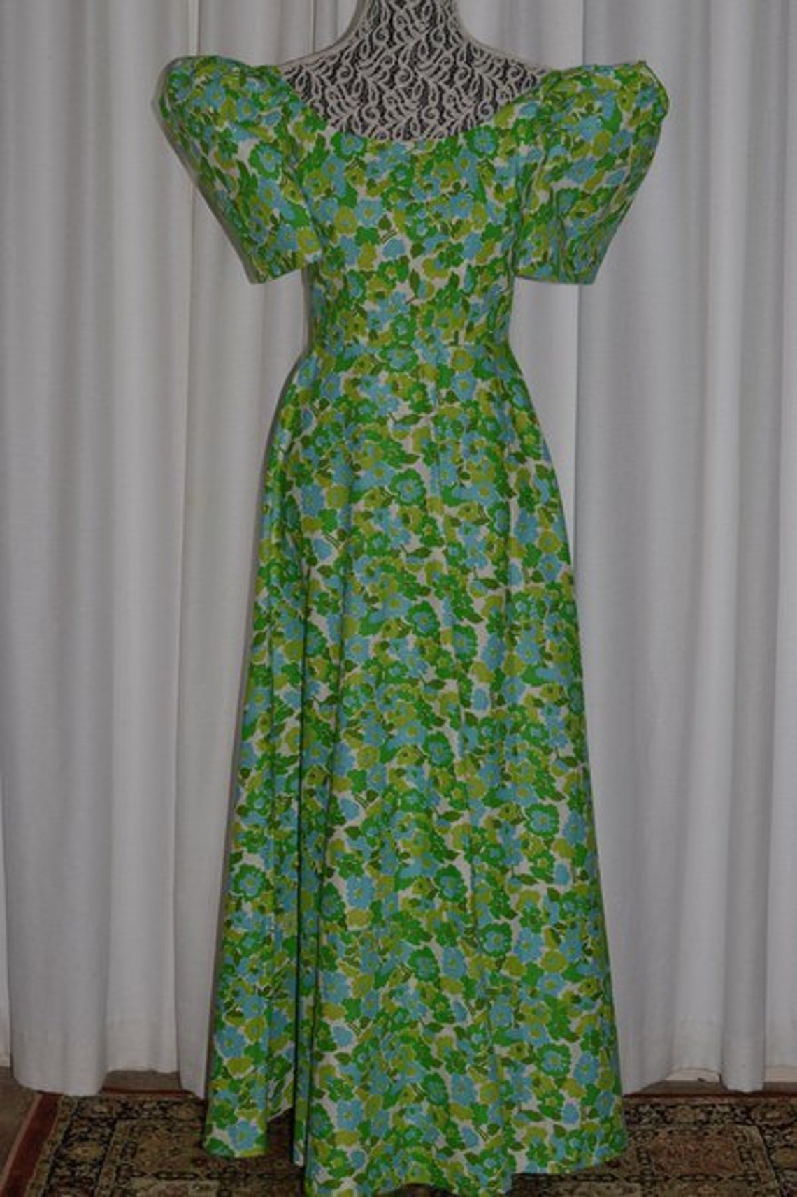 Vintage Green and Blue Floral Dress Size Small