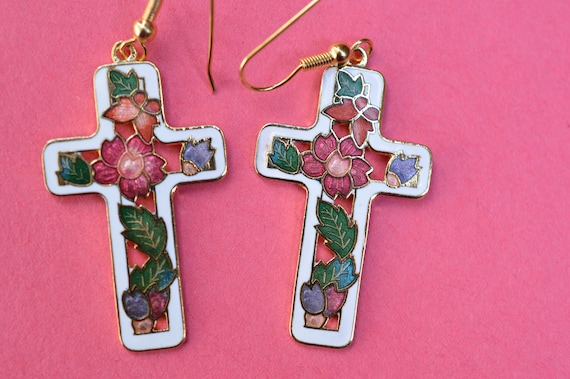 Vintage Earrings White Enamel Cloisonne Cross Flowers Flowers 1980s