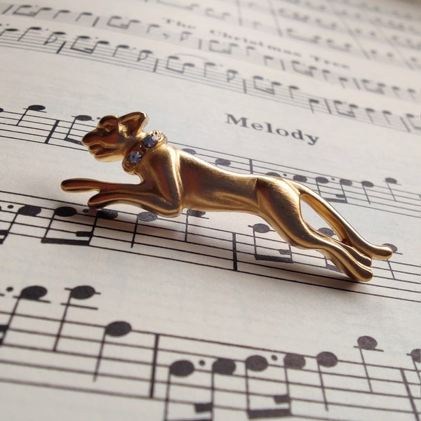 Broche vintage Pin par JACKIE COLLINS Satin Gold Tone Metal avec Strass Panther années 1990