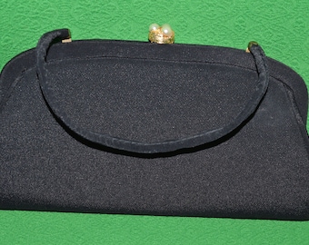 Vintage Evening Black Satin Handbag Clutch Purse Black Fabric 1950-60's