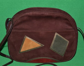 Vintage Brown Suede Patent Bally Shoulder Crossbody Bag Geometric 1980s