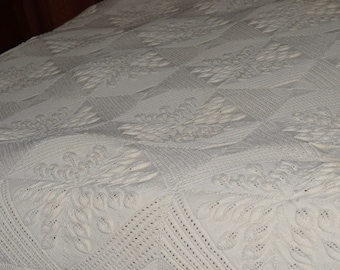 French Vintage Hand Knit Bed Coverlet with Raised Leaf Pattern