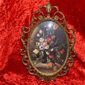 Vintage Wall hanging decor brass frame Flowers  Made in Italy 1960-70s