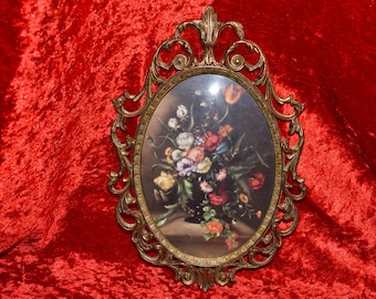 Vintage Wall hanging decor brass frame Flowers  Made in Italy 1960-70s