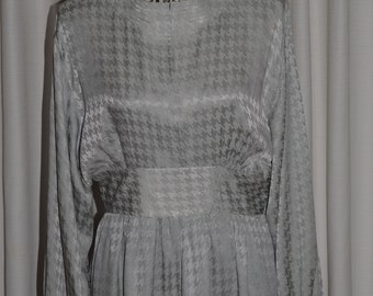 Vestido vintage 100% jacquard manga comprida vestido cinza seda anos 80