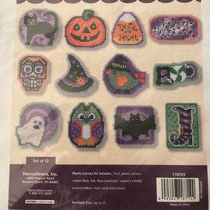 May include: A set of 12 plastic canvas kits for making Halloween ornaments. The kits include 14-count plastic canvas, cotton floss, felt, a floss organizer, a tapestry needle, an easy-to-follow chart, and instructions. The finished size of each ornament is up to 3 inches.