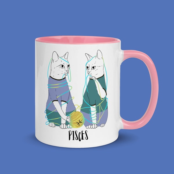 Pisces Cat Zodiac Mug with Color Fill and Handle