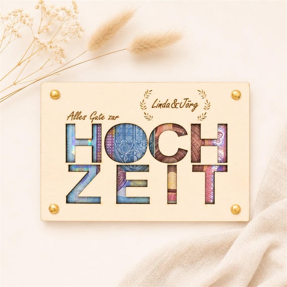Personalisiertes Hochzeitsgeschenk aus Holz – moderne Geldverpackung mit Gravur – besondere Geschenkidee für das Brautpaar Holzkarte