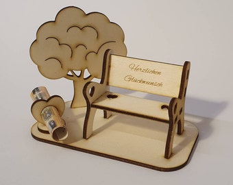 Regalo in denaro, regalo di compleanno, congratulazioni, panca da giardino con albero