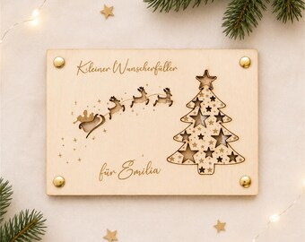Personalisiertes Geldgeschenk Weihnachten Wunscherfüller Weihnachtsgeschenk Geschenkkarte aus Holz Geschenkverpackung mit Namen