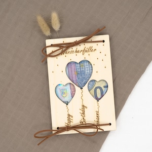 Gepersonaliseerd geldcadeau, verjaardag, doop, huwelijk, communie, afstudeercadeau, cadeaubon, houten cadeauverpakking, wensvervuller B2