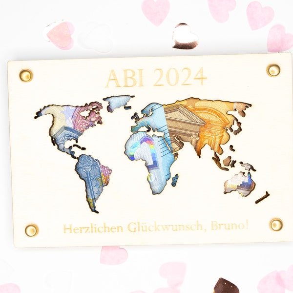 Personalisiertes Geldgeschenk Reise Geburtstag Taufe Hochzeit Kommunion Abitur Geschenk Geschenkkarte aus Holz Geschenkverpackung Weltkarte