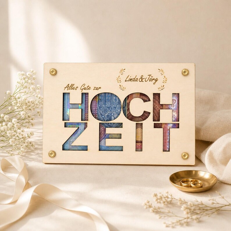 Regalo di nozze personalizzato in legno – confezione moderna per denaro con incisione – idea regalo speciale per gli sposi – biglietto in legno immagine 2