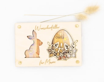 Regalo in denaro personalizzato per realizzare desideri di Pasqua. Biglietto regalo di Pasqua in confezione regalo in legno, personalizzato con nome coniglietto - Italia