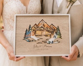Regalo de dinero personalizado con temática de montaña: marco de fotos para bodas, cumpleaños, aniversarios y viajes. Regalo de dinero con nombre, fondo de viaje, idea de regalo.