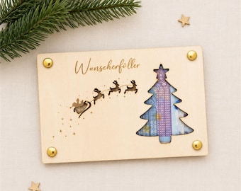 Personalisiertes Geldgeschenk Weihnachten Wunscherfüller Weihnachtsgeschenk Geschenkkarte aus Holz Geschenkverpackung mit Namen