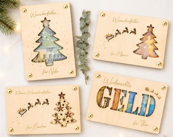 Personalisiertes Geldgeschenk Weihnachten Wunscherfüller Weihnachtsgeschenk Geschenkkarte aus Holz Geschenkverpackung mit Namen