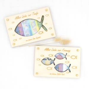 Personalisiertes Geldgeschenk Fisch Fische zur Taufe Firmung Kommunion Hochzeit Geschenk personalisiert mit Namen Geschenkkarte aus Holz