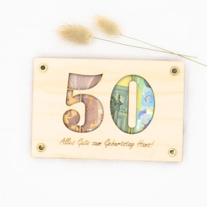 Gepersonaliseerd geld cadeau wensvervuller rond verjaardag jubileum afstudeercadeau cadeaukaart gemaakt van hout cadeauverpakking