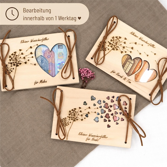 Personalisierbares Geldgeschenk Holz  Wunscherfüller Geschenkidee Geburtstag, Taufe, Hochzeit, Kommunion, Abitur Geschenkkarte Verpackung B2