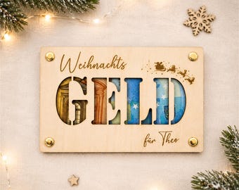 Personalisiertes Geldgeschenk Weihnachten Wunscherfüller Weihnachtsgeschenk Geschenkkarte aus Holz Geschenkverpackung mit Namen