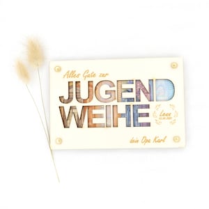 Gepersonaliseerde geldcadeau voor de jeugd, wijdingscadeau, gepersonaliseerd met naam, cadeaukaart van hout, geschenkverpakking, geeft geld