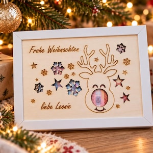 Geldgeschenk Weihnachten mit Rentier – Personalisiertes Weihnachtsgeschenk aus Holz mit Namen – Geldverpackung im Bilderrahmen