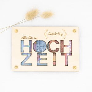 Gepersonaliseerde geldcadeau voor het huwelijkscadeau bruid en bruidegom gepersonaliseerd met naam cadeaukaart gemaakt van houten cadeauverpakking geld