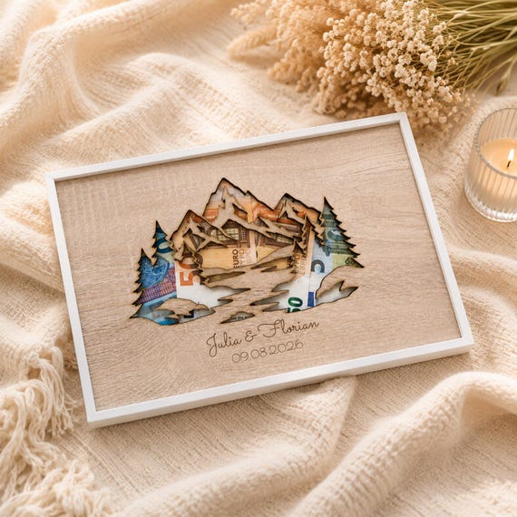 Geldgeschenk Berge Gebirge personalisiert – Bilderrahmen Hochzeit Geburtstag Jubiläum Reise – Geldgeschenk mit Namen Reisekasse Geschenkidee