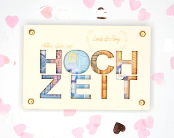 Personalisiertes Geldgeschenk zur Hochzeit Geschenk Brautpaar personalisiert mit Namen Geschenkkarte aus Holz Geschenkverpackung Geld