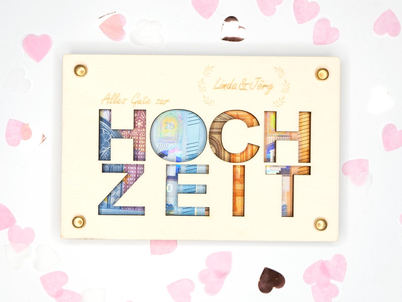 Personalisiertes Geldgeschenk zur Hochzeit Geschenk Brautpaar personalisiert mit Namen Geschenkkarte aus Holz Geschenkverpackung Geld Bild 1