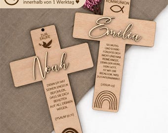 Personalisiertes Kreuz aus Holz zur Taufe, Kommunion, Firmung & Konfirmation | Taufkreuz mit Namen | Geschenk personalisiert V1