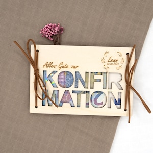 Personalisiertes Geldgeschenk zur Konfirmation Geschenk personalisiert mit Namen Geschenkkarte aus Holz Geschenkverpackung Geld mit Band B2