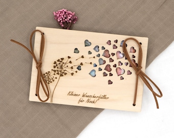 Cœurs porte-bonheur remplis d'argent – Cadeau personnalisé en bois – Ruban en similicuir – Cadeau de baptême, de naissance ou de baby shower B2