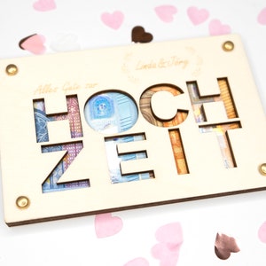 Personalisiertes Geldgeschenk zur Hochzeit Geschenk Brautpaar personalisiert mit Namen Geschenkkarte aus Holz Geschenkverpackung Geld Bild 2