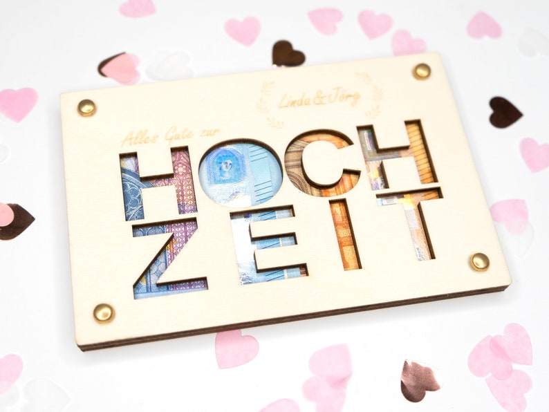 Personalisiertes Geldgeschenk zur Hochzeit Geschenk Brautpaar personalisiert mit Namen Geschenkkarte aus Holz Geschenkverpackung Geld Bild 2