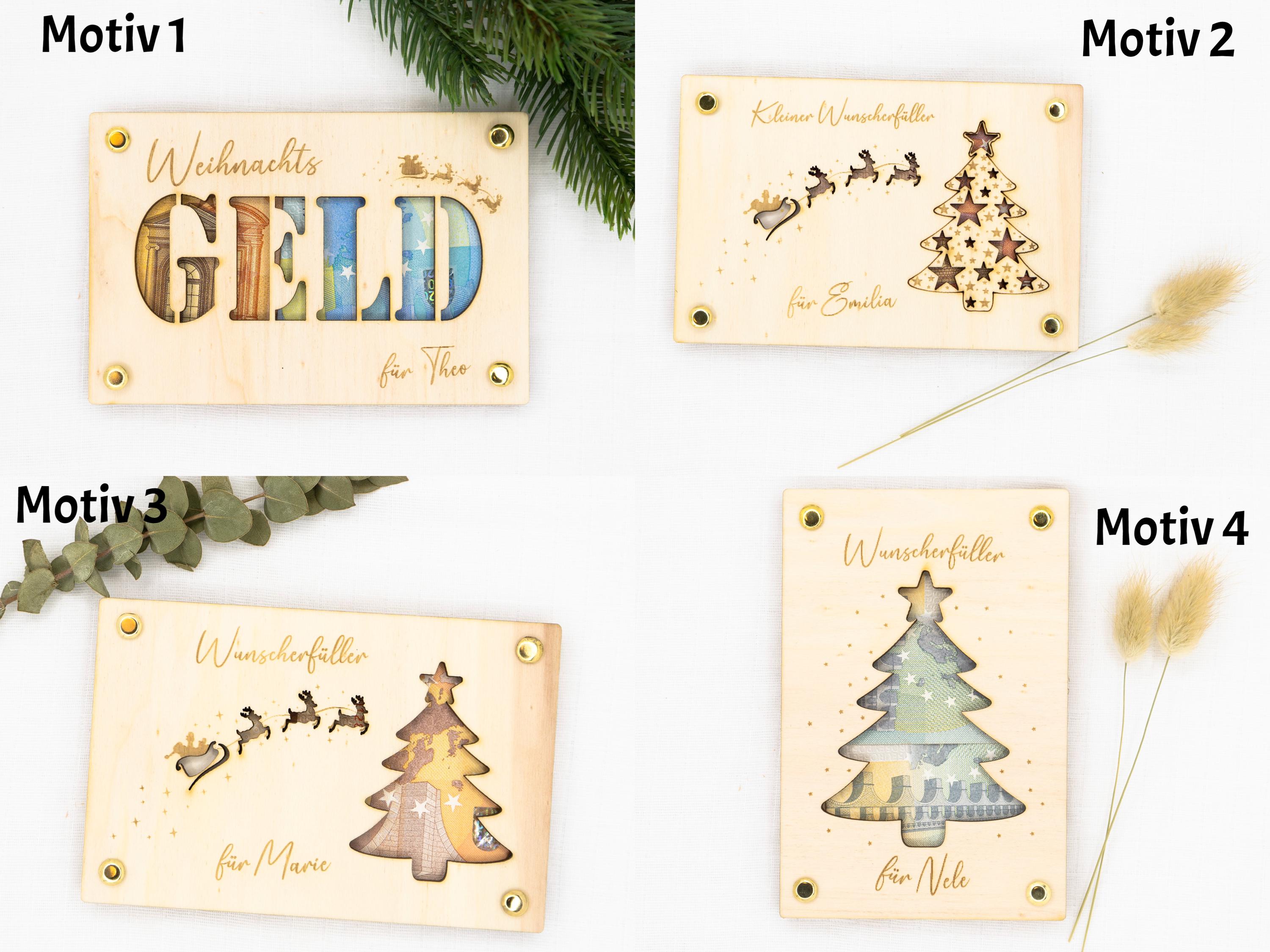 Personalisiertes Geldgeschenk, Weihnachtswunscherfüller, Weihnachtsgeschenk Geschenkkarte aus Holz, Geschenkverpackung mit Namen