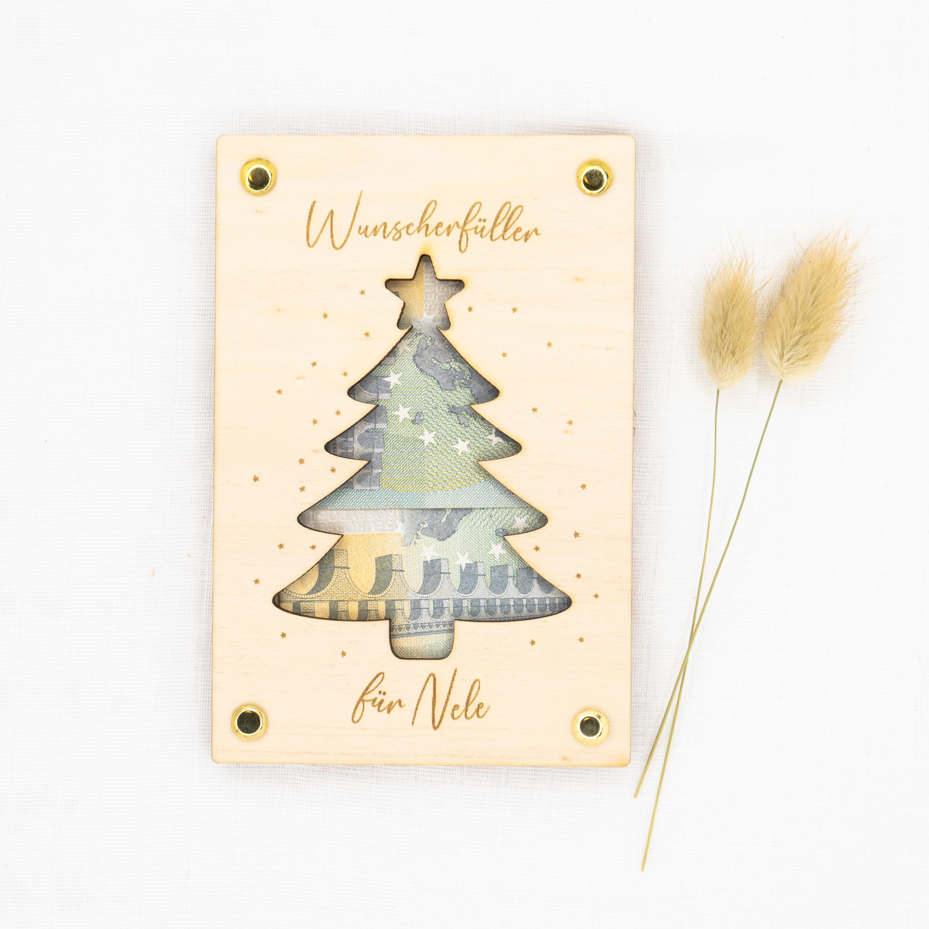 Personalisiertes Geldgeschenk, Weihnachtswunscherfüller, Weihnachtsgeschenk Geschenkkarte aus Holz, Geschenkverpackung mit Namen