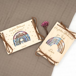 Personalisiertes Geldgeschenk Regenbogen zur Hochzeit Taufe Firmung Kommunion Geschenk personalisiert mit Namen Geschenkkarte aus Holz B2