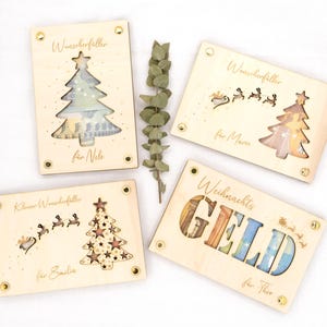 Regalo di denaro personalizzato, esauditore di desideri di Natale, regalo di Natale, carta regalo in legno, confezione regalo con nome