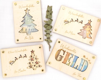 Personalisiertes Geldgeschenk Weihnachten Wunscherfüller Weihnachtsgeschenk Geschenkkarte aus Holz Geschenkverpackung mit Namen