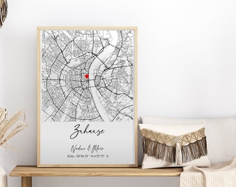 Einzugsgeschenk personalisiert * Umzug Geschenk Hochzeit Jahrestag Verlobung Hochzeitstag * Koordinaten Bild Stadtplan Zuhause Poster (SQ1)