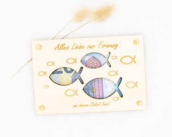 Geldgeschenk Fisch zur Kommunion, Konfirmation oder Firmung – personalisierte Holzkarte mit Gravur – christliches Geschenk mit Name