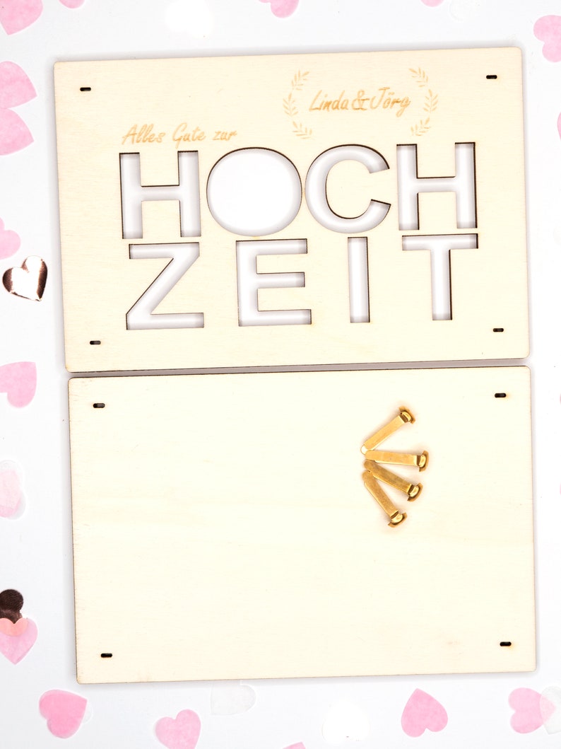 Personalisiertes Geldgeschenk zur Hochzeit Geschenk Brautpaar personalisiert mit Namen Geschenkkarte aus Holz Geschenkverpackung Geld Bild 3